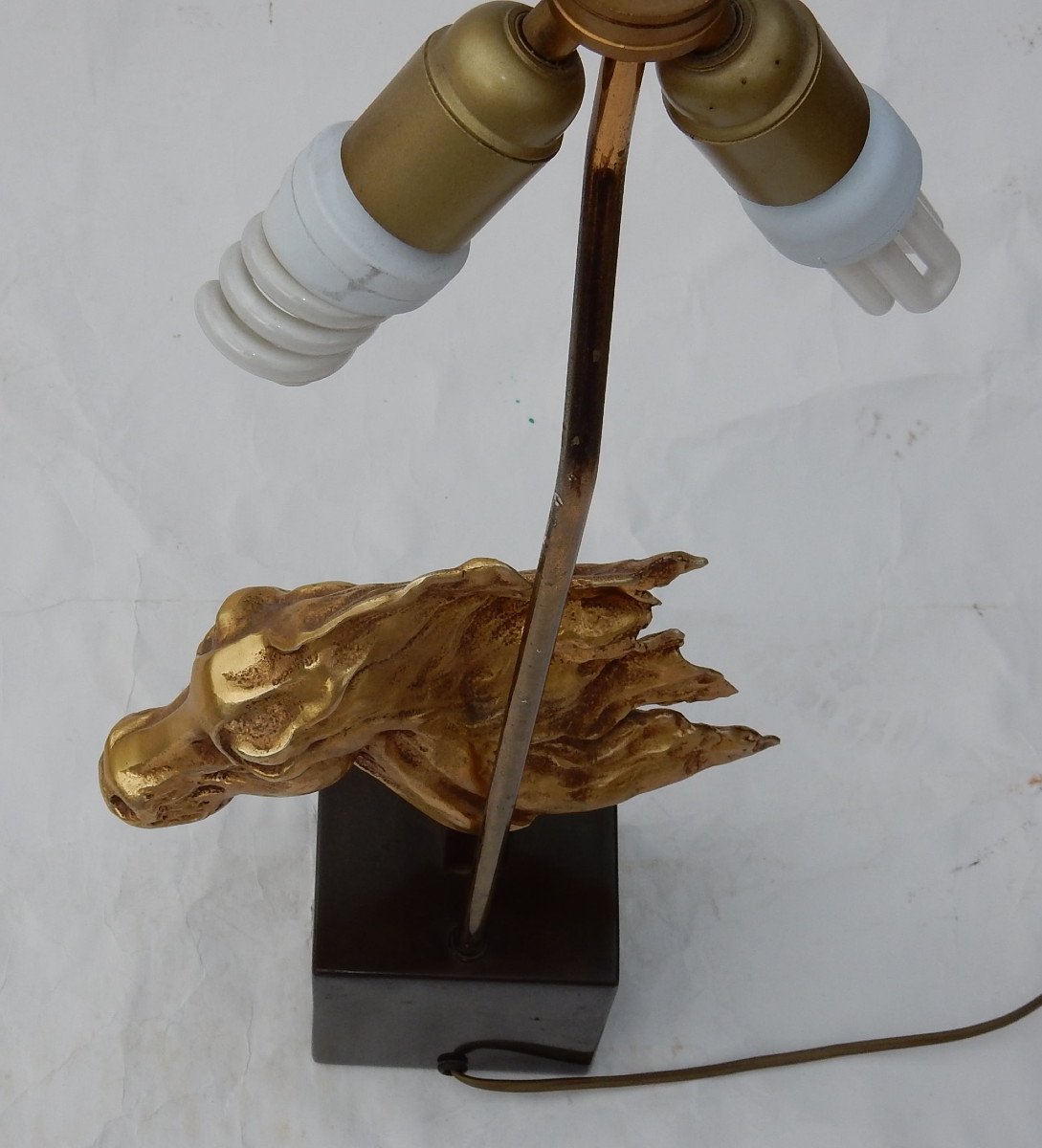 1970′ Lampe Décor De Tête De Cheval Bronze Doré Dlg Duval Brasseur Non Signée-photo-1