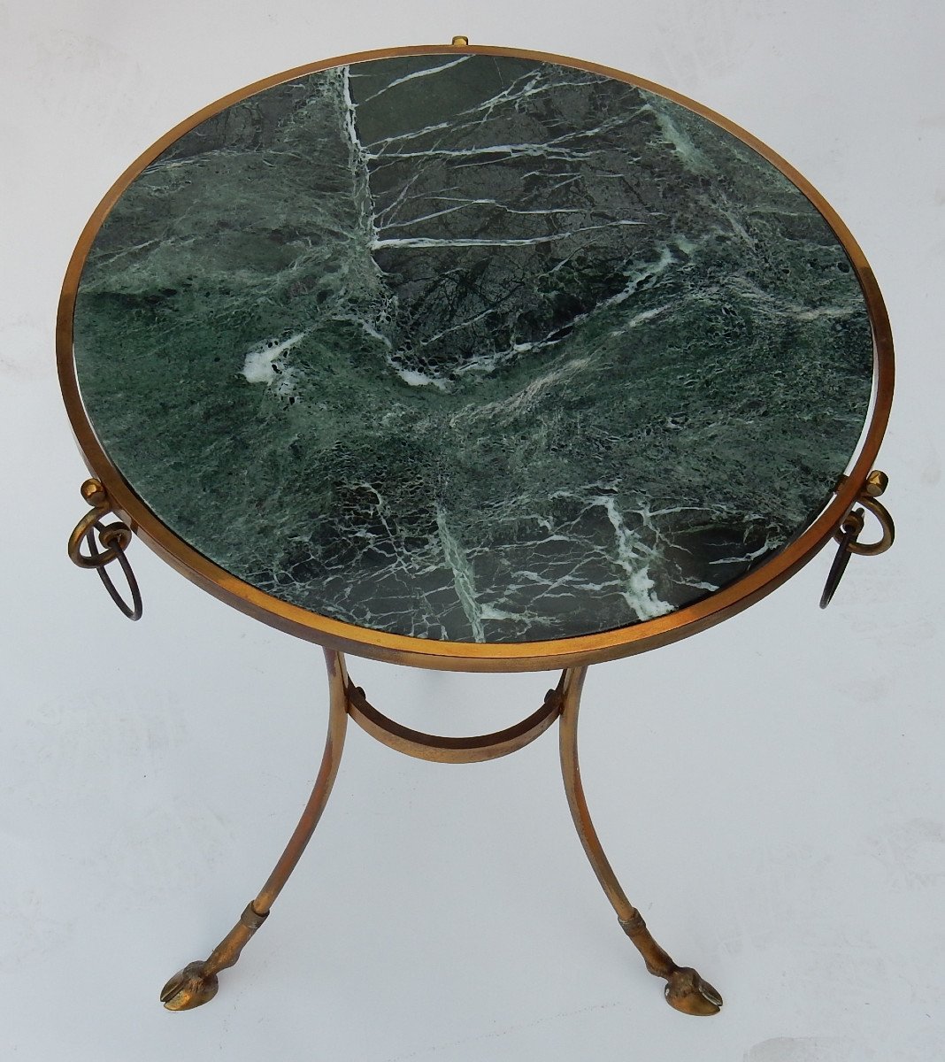 1970 ′ Maison Charles Pedestal Table In Brass With Green Marble Top-photo-4