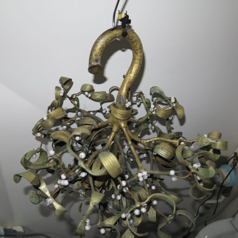 Lustre Boule De Gui Art Nouveau à 4 Ampoules En Bronze Et Perles Opaline-photo-1