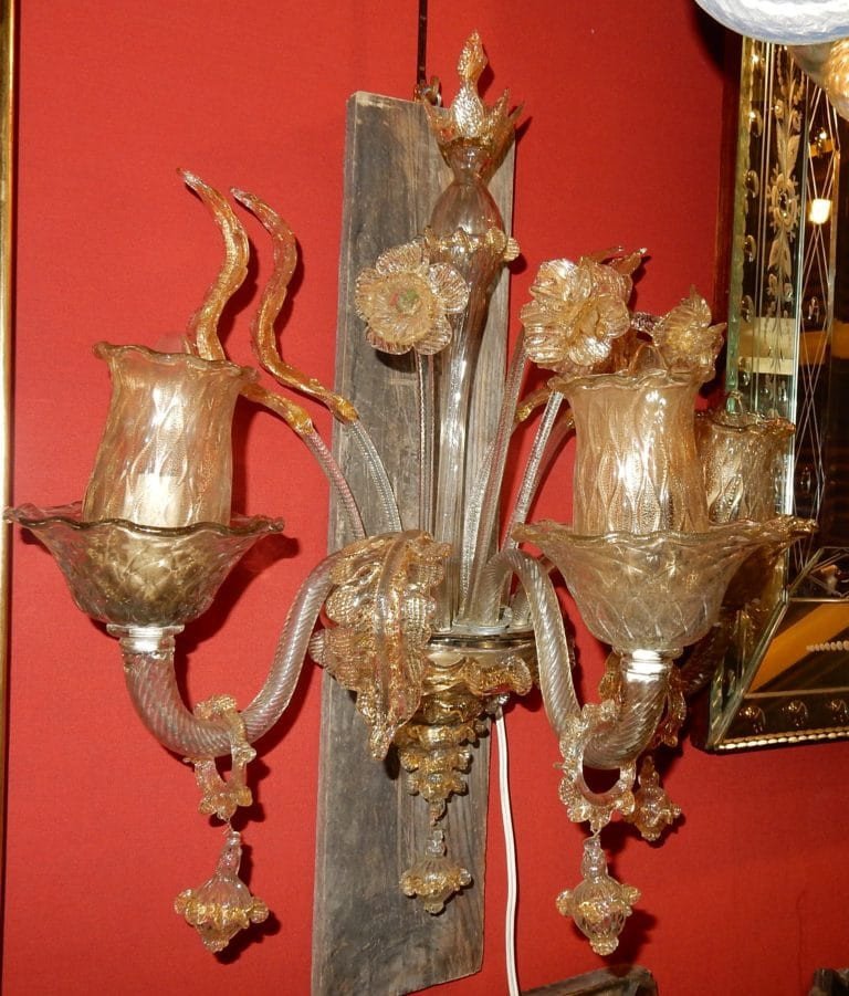 1950/70' Paire d'Appliques à 3 Bras De Lumière En Cristal De Murano Avec Paillons d'Or 58 X50cm-photo-3