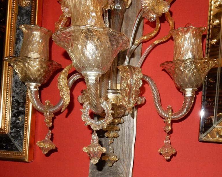1950/70' Paire d'Appliques à 3 Bras De Lumière En Cristal De Murano Avec Paillons d'Or 58 X50cm-photo-4