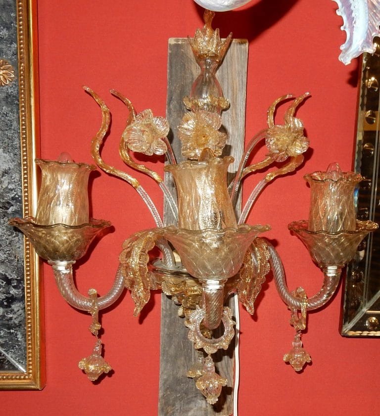 1950/70 'pair Of Wall Lights With 3 Arms Of Light In Murano Crystal With Gold Paillons 58 X50cm-photo-2