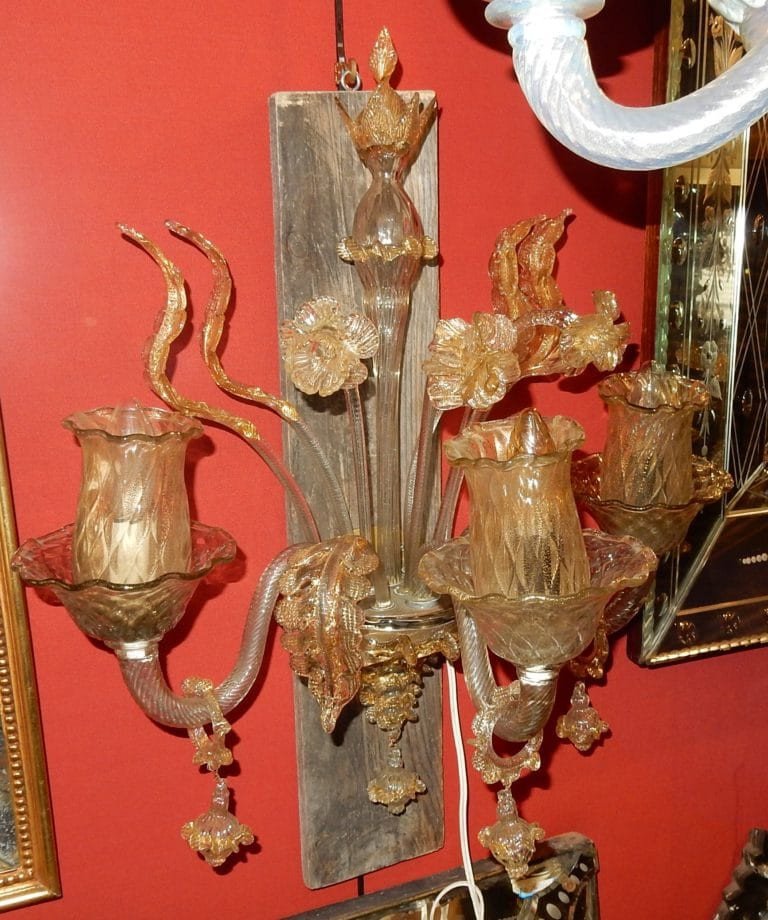 1950/70 'pair Of Wall Lights With 3 Arms Of Light In Murano Crystal With Gold Paillons 58 X50cm-photo-3