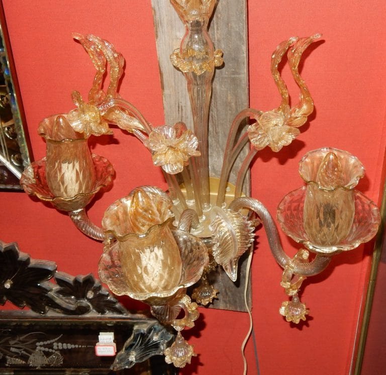 1950/70 'pair Of Wall Lights With 3 Arms Of Light In Murano Crystal With Gold Paillons 58 X50cm-photo-4