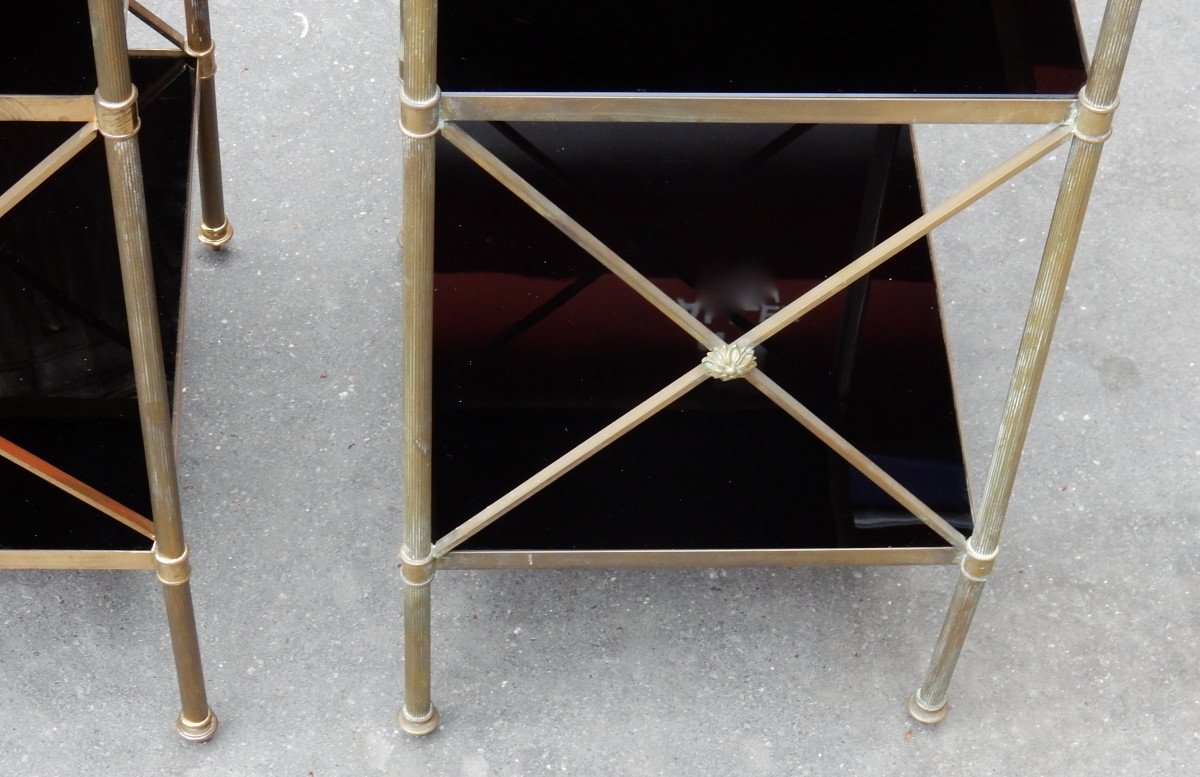 1950/70 ′ Pair Of Brass Shelves On 3 Levels Maison Baguès With Braces Opaline Trays-photo-2