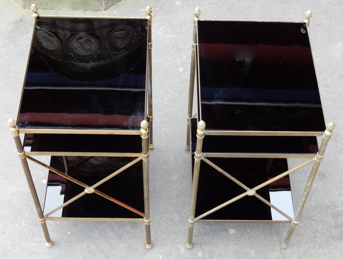 1950/70 ′ Pair Of Brass Shelves On 3 Levels Maison Baguès With Braces Opaline Trays-photo-3