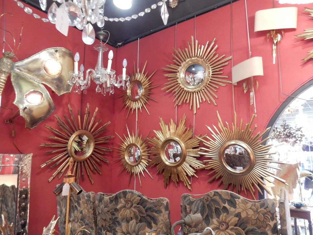 1950/70 'convex Sun Mirror, Golden Wood Diameter 68 Cm-photo-3