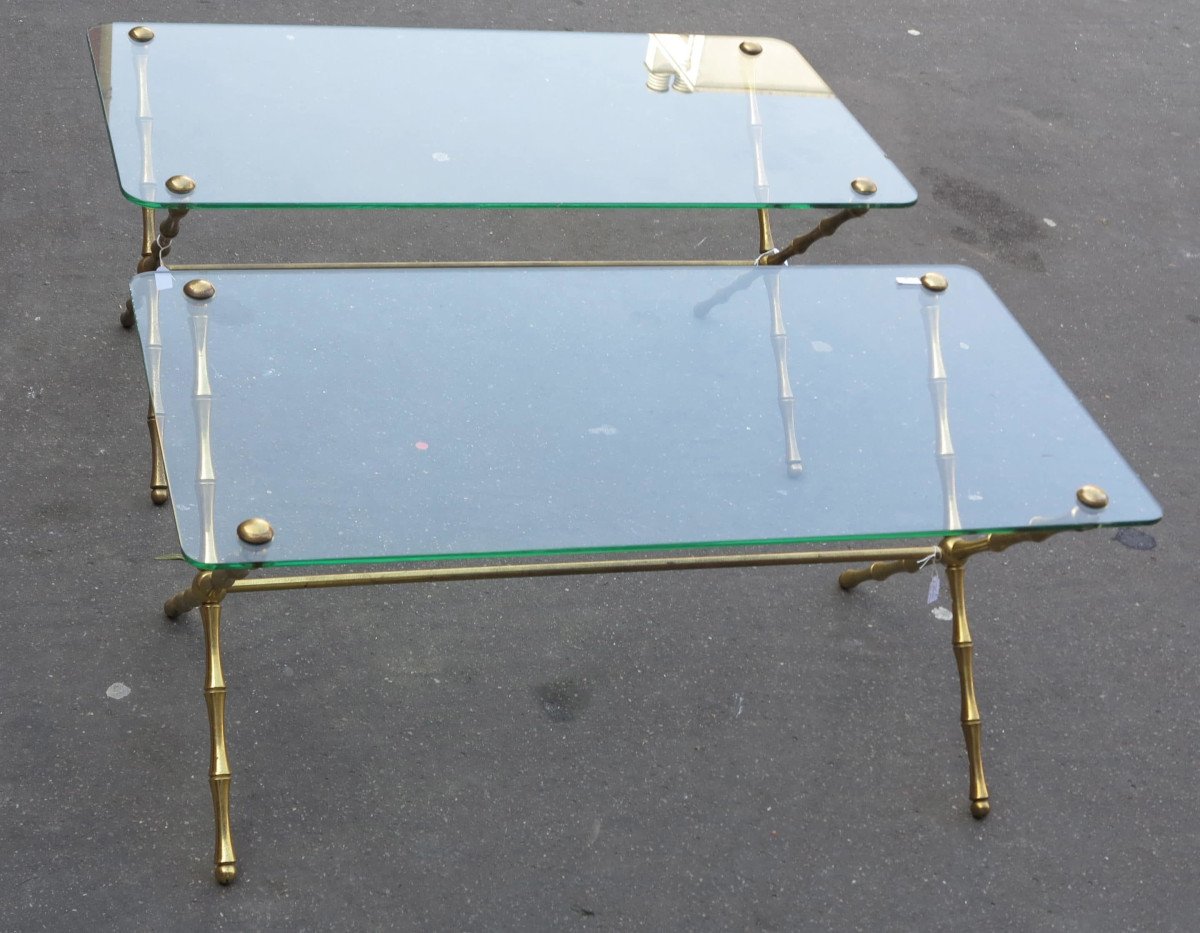 1950/70 Paire De Tables Basses En Bronze Doré Maison Baguès, Modèle Bambou, Entretoise-photo-3
