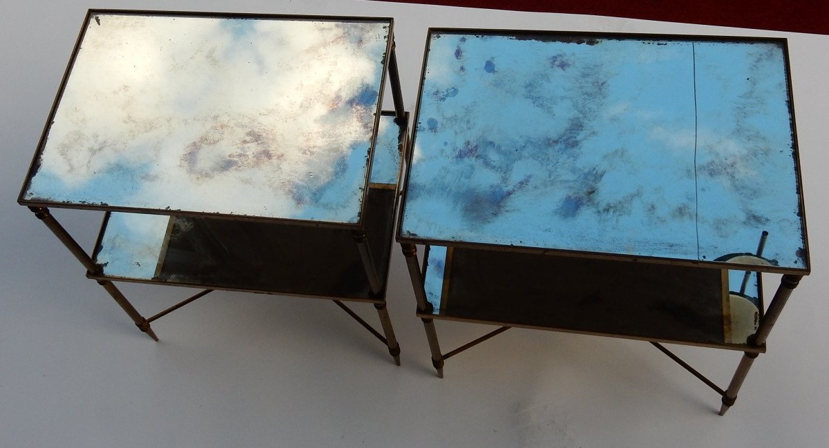 1950/70 ′ Pair Of Bronze Sofa Ends, 2 Oxidized Mirror Trays, Maison Baguès Style