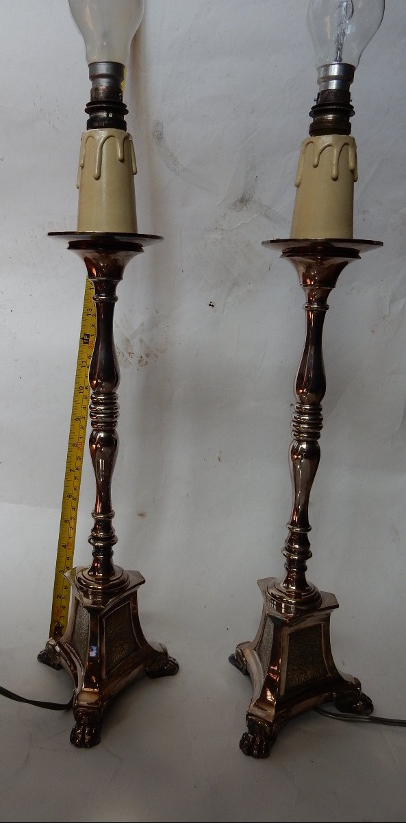 1900/1920 'pair Of Tripod Candlesticks In Silver Bronze Signed A.mourier H 50 X 14x 14 Cm-photo-1