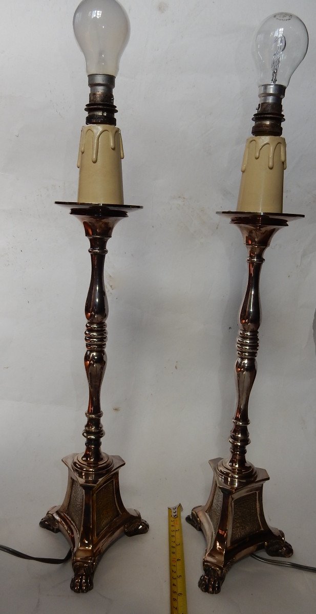 1900/1920 'pair Of Tripod Candlesticks In Silver Bronze Signed A.mourier H 50 X 14x 14 Cm