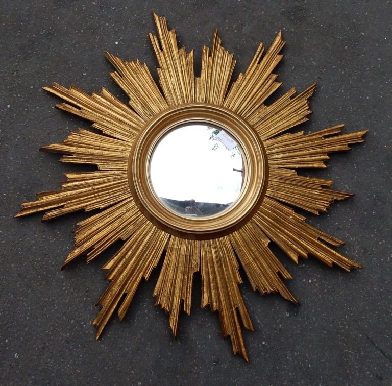 1950′ Miroir Soleil Convexe, Bois Doré 70 Cm-photo-3