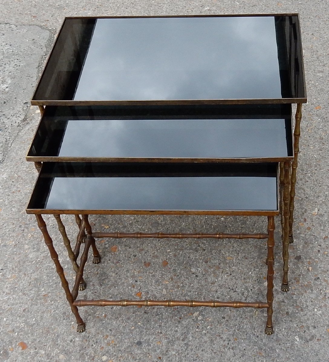 1950/70 ′ Series Of 3 Nesting Tables Bamboo Model With Claw Feet Maison Baguès-photo-2