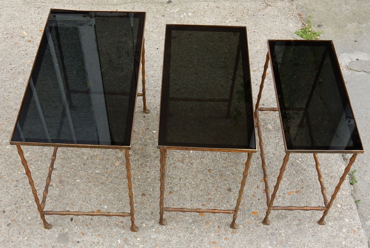 1950/70′ Série De 3 Tables Gigognes Modèle Bambou Avec Pieds Griffes Maison Baguès-photo-3
