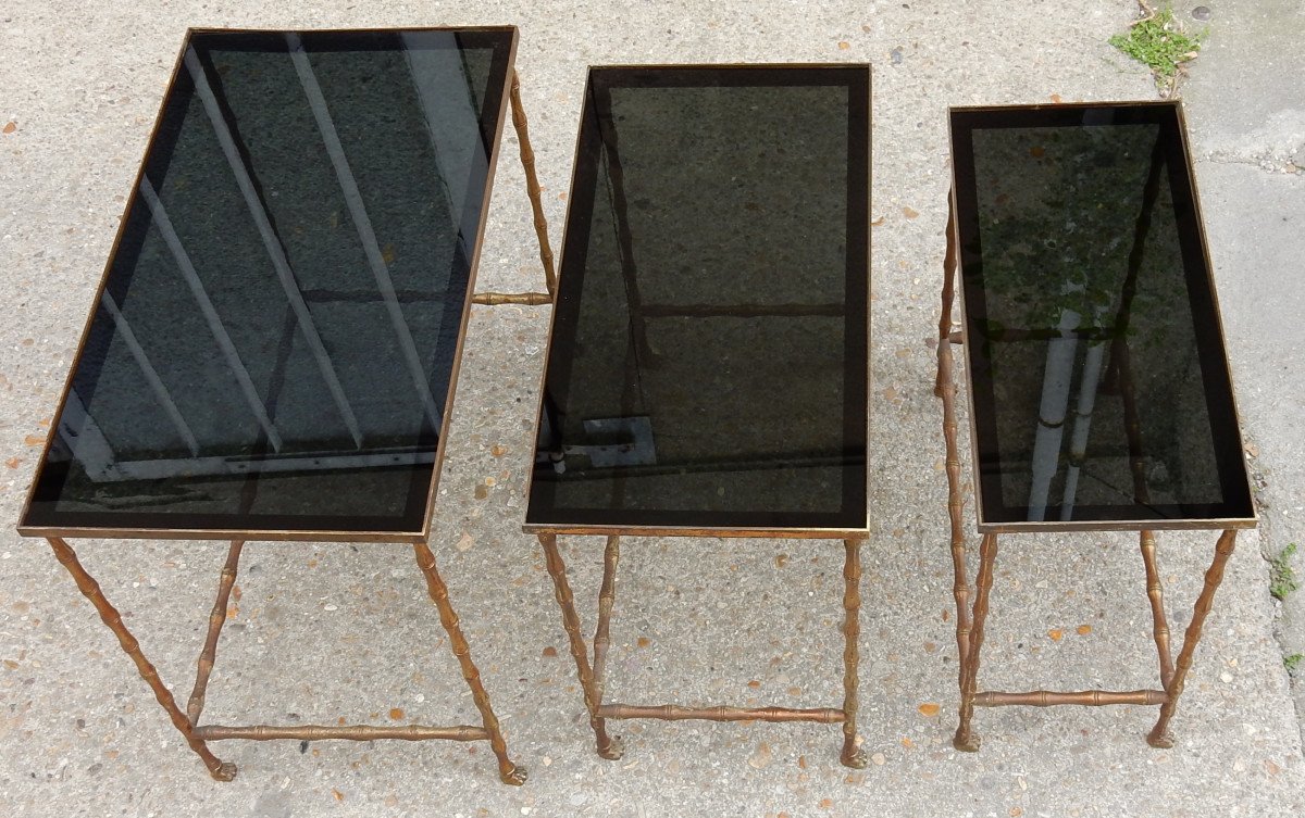 1950/70′ Série De 3 Tables Gigognes Modèle Bambou Avec Pieds Griffes Maison Baguès-photo-2