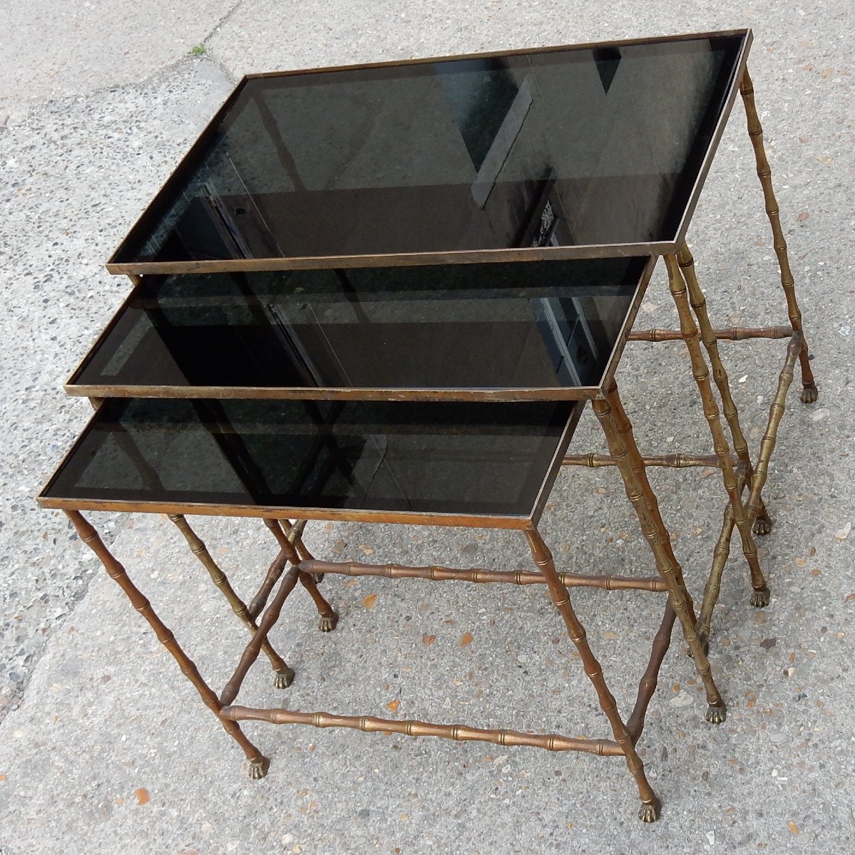 1950/70 ′ Series Of 3 Nesting Tables Bamboo Model With Claw Feet Maison Baguès