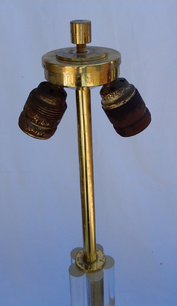 1970 ′ Pair Of Lamps In Altuglas And Golden Brass Decor Columns With 5 Petals-photo-2
