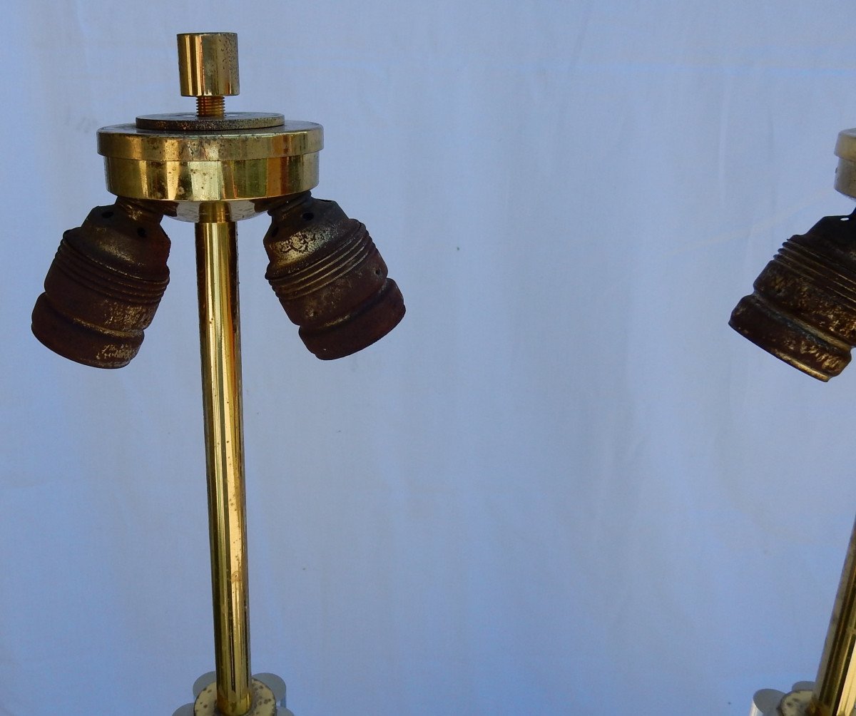 1970 ′ Pair Of Lamps In Altuglas And Golden Brass Decor Columns With 5 Petals-photo-1