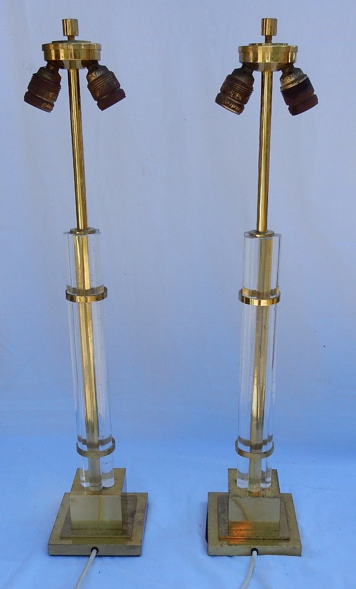 1970 ′ Pair Of Lamps In Altuglas And Golden Brass Decor Columns With 5 Petals
