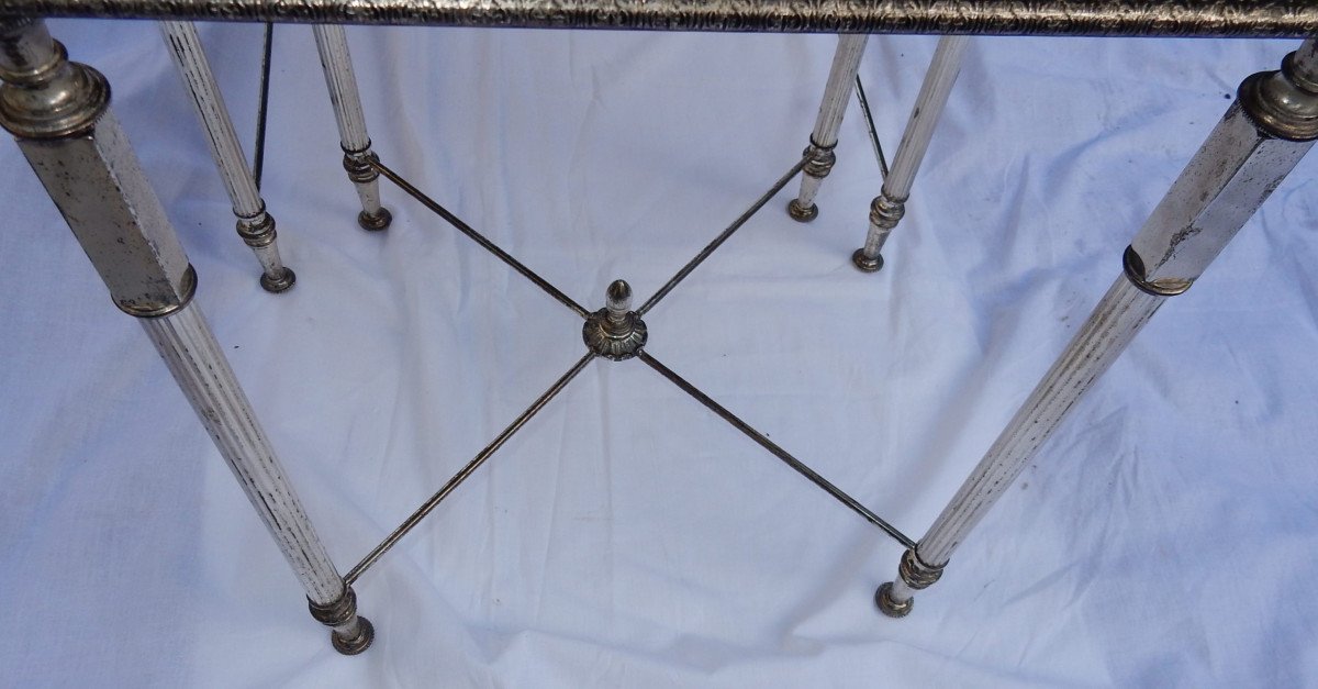1970 'series Of 3 Maison Baguès Nesting Tables In Silver Metal, 3 Oxidized Mirror Trays-photo-2