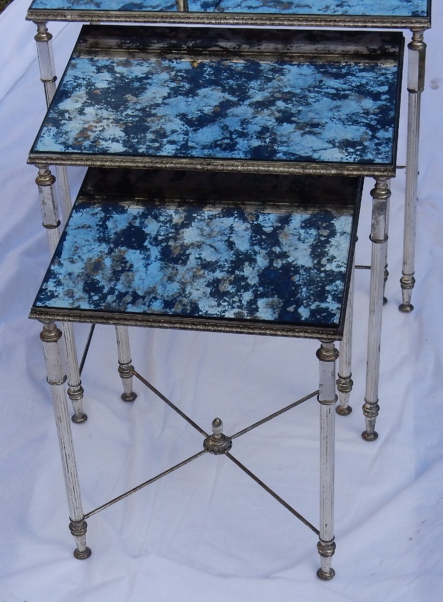 1970 'series Of 3 Maison Baguès Nesting Tables In Silver Metal, 3 Oxidized Mirror Trays-photo-3