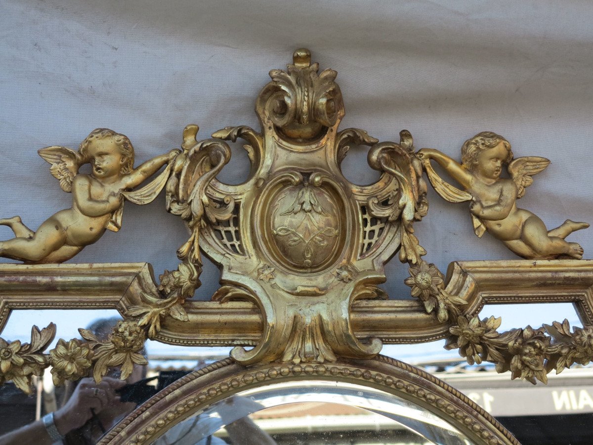 Nap III Mirror With Pare-closes And Beveled Oval Central Medallion, With Angels, Golden Leaves-photo-4