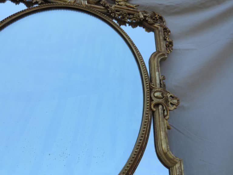 Nap III Mirror With Pare-closes And Beveled Oval Central Medallion, With Angels, Golden Leaves-photo-2