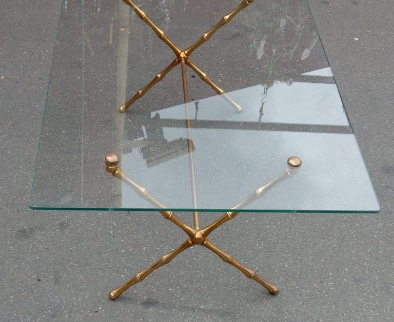 1950/70 Table Basse En Bronze Doré Maison Baguès Modèle Bambou Plateau En Verre Vissé 106x67 Cm-photo-3