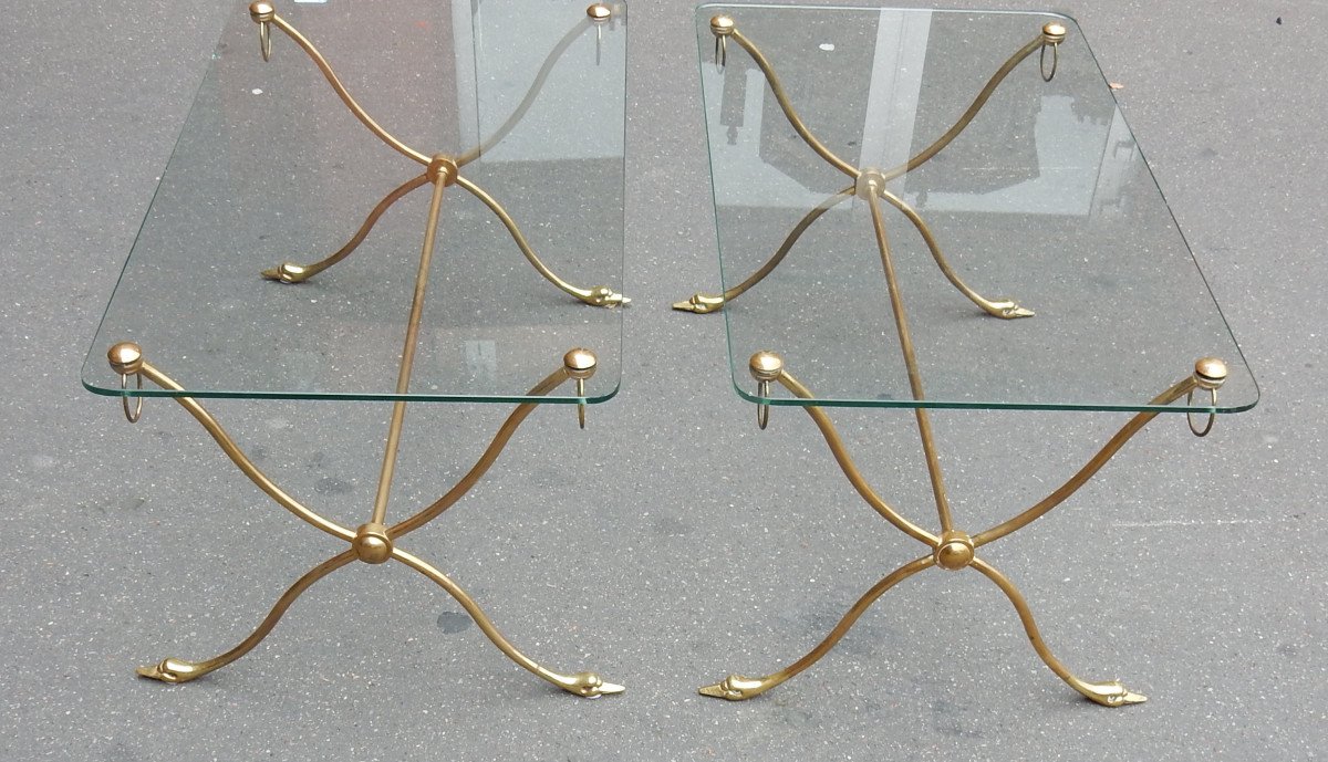 1970 ′ Pair Of Tables With Swan Heads In Brass With Glass Trays-photo-2