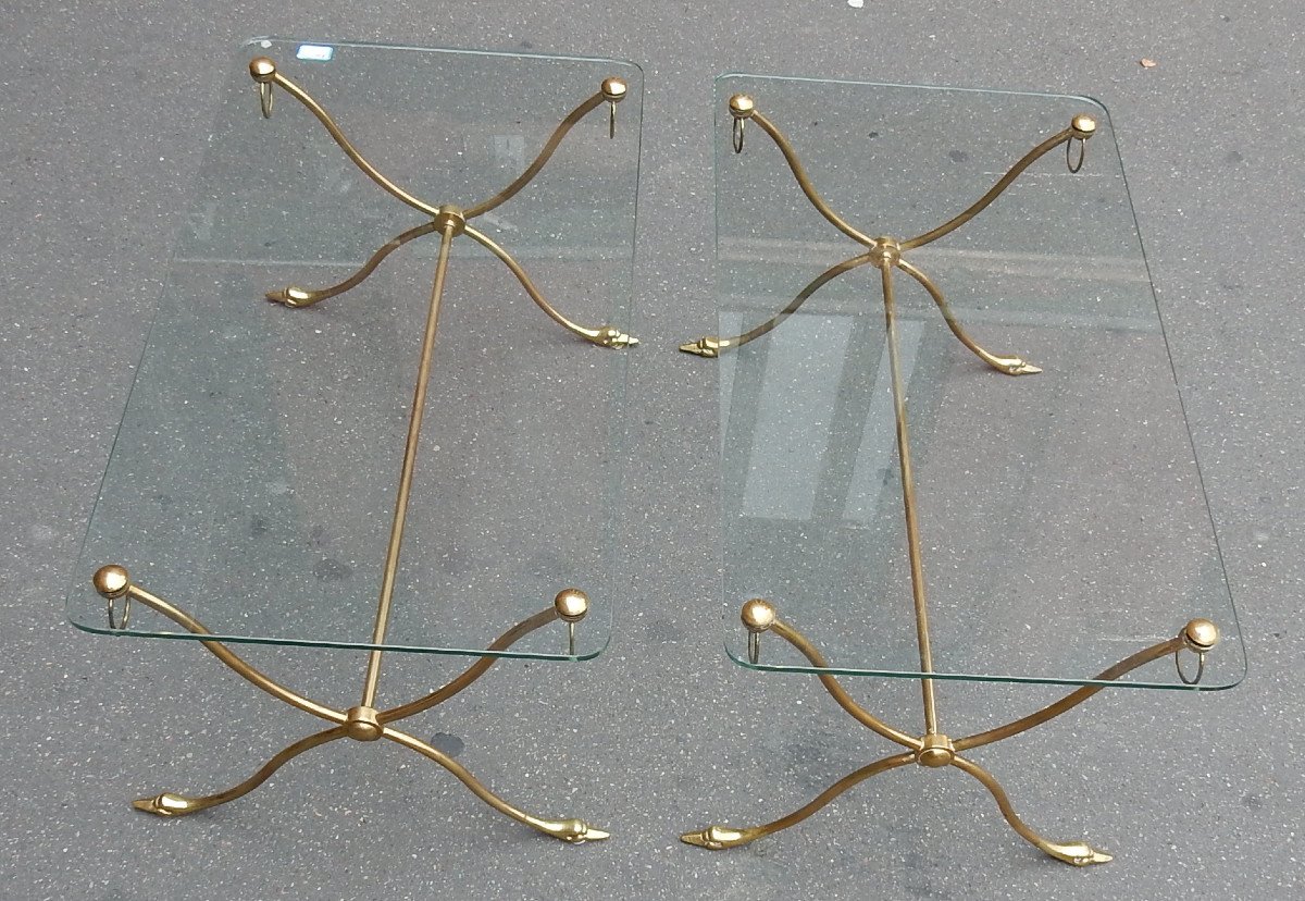 1970 ′ Pair Of Tables With Swan Heads In Brass With Glass Trays