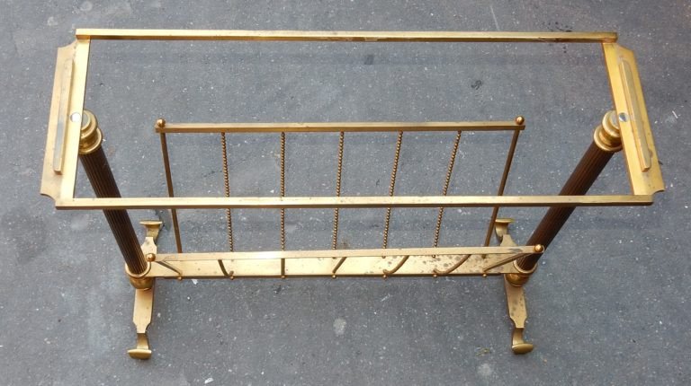 1970 ′ Maison Jansen Magazine Holder In Gilt Bronze, Oxidized Mirror Tray-photo-4