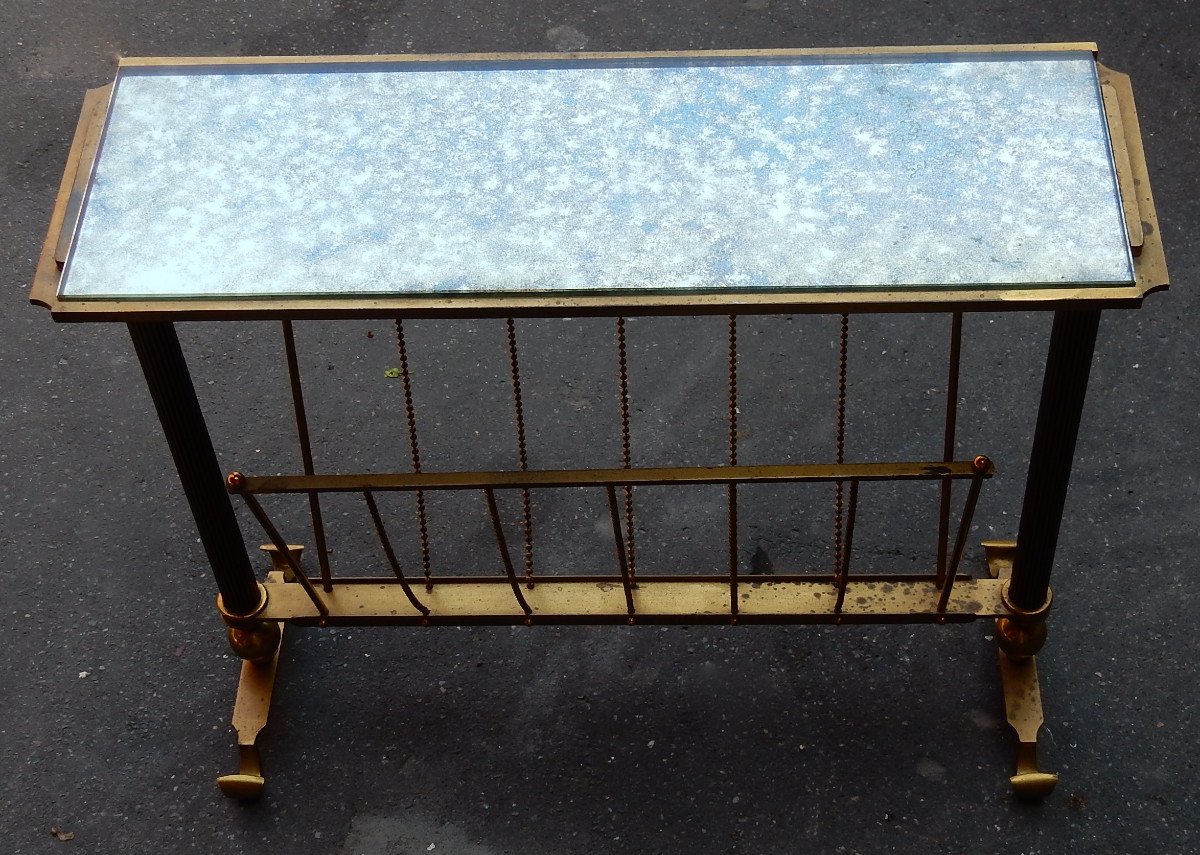 1970 ′ Maison Jansen Magazine Holder In Gilt Bronze, Oxidized Mirror Tray