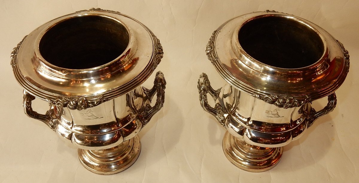 1900′ Paire De Rafraichissoirs En Métal Argenté Style Napoléon 3-photo-3