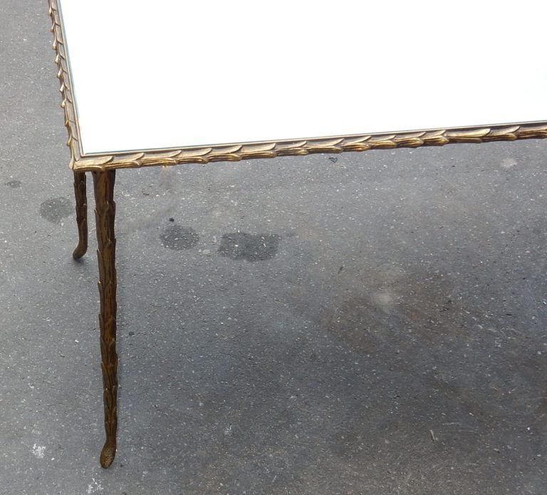 1950/70' Table Basse En Bronze Doré Décor Palmier Maison Charles 87 X 37 Cm-photo-1