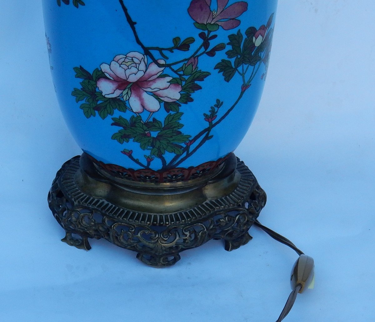 1890′ Lampe Cloisonnée Japon Aux Oiseaux Et Fleurs-photo-3