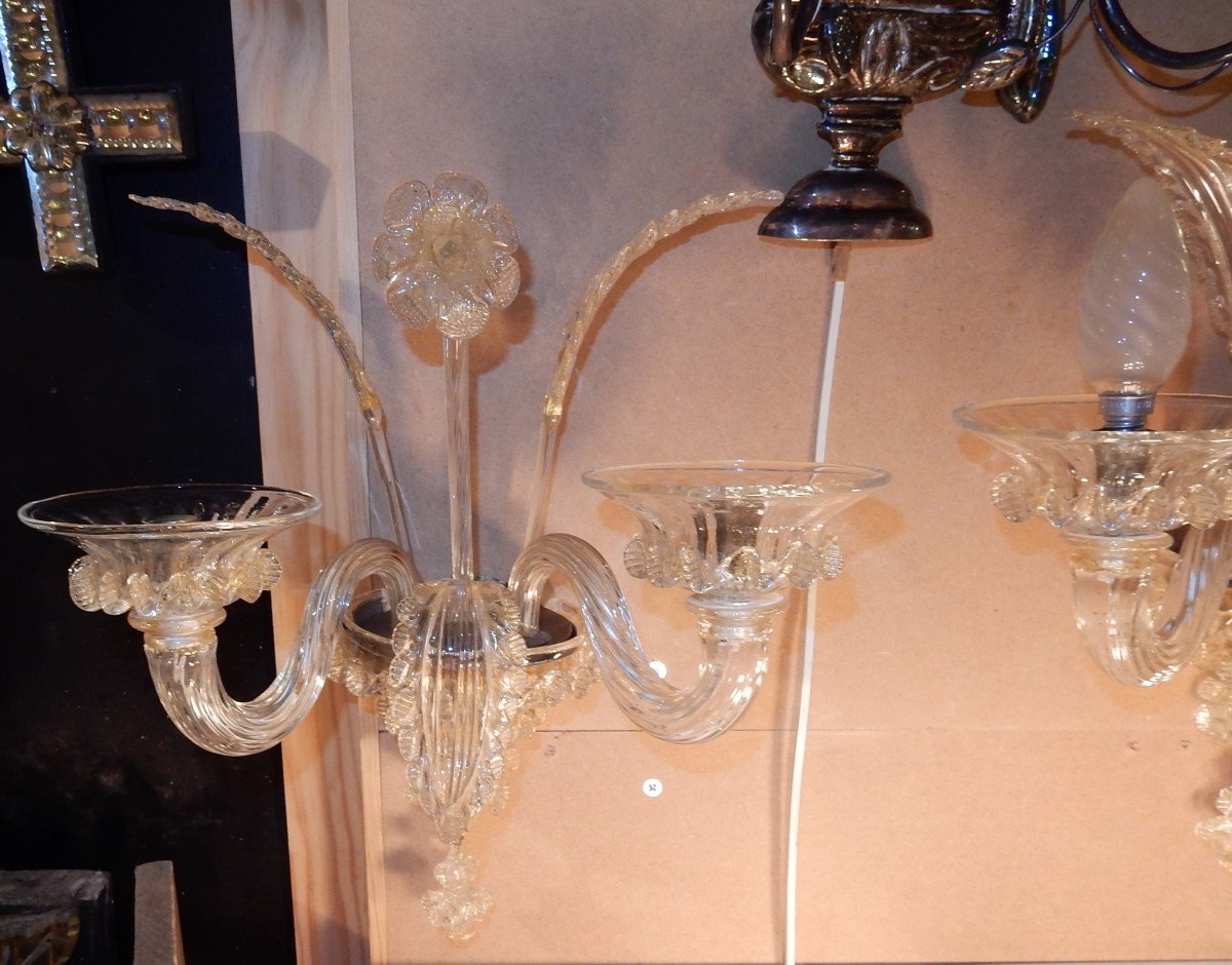 1950 ′ Pair Of Murano Wall Lights 2 Crystal Arms And Gold Paillons-photo-3