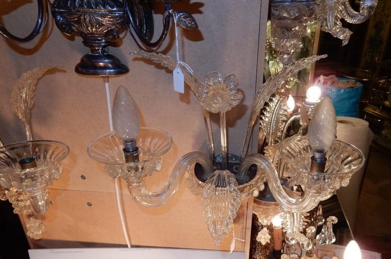 1950′ Paire D’appliques Murano 2 Bras Cristal Et Paillons d’Or-photo-4