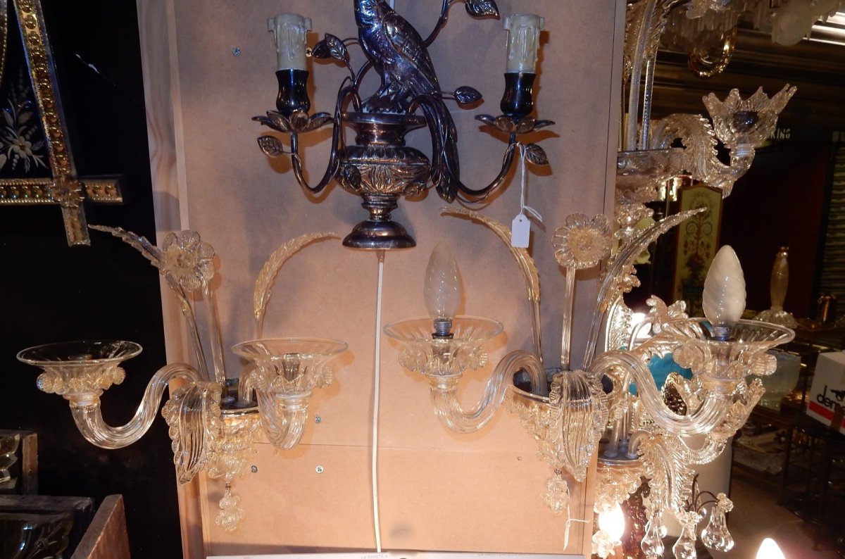 1950 ′ Pair Of Murano Wall Lights 2 Crystal Arms And Gold Paillons