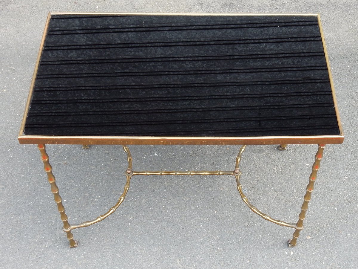 1970 ′ Maison Baguès Coffee Table On Wheels Bamboo Decor In Brass And Opaline-photo-2