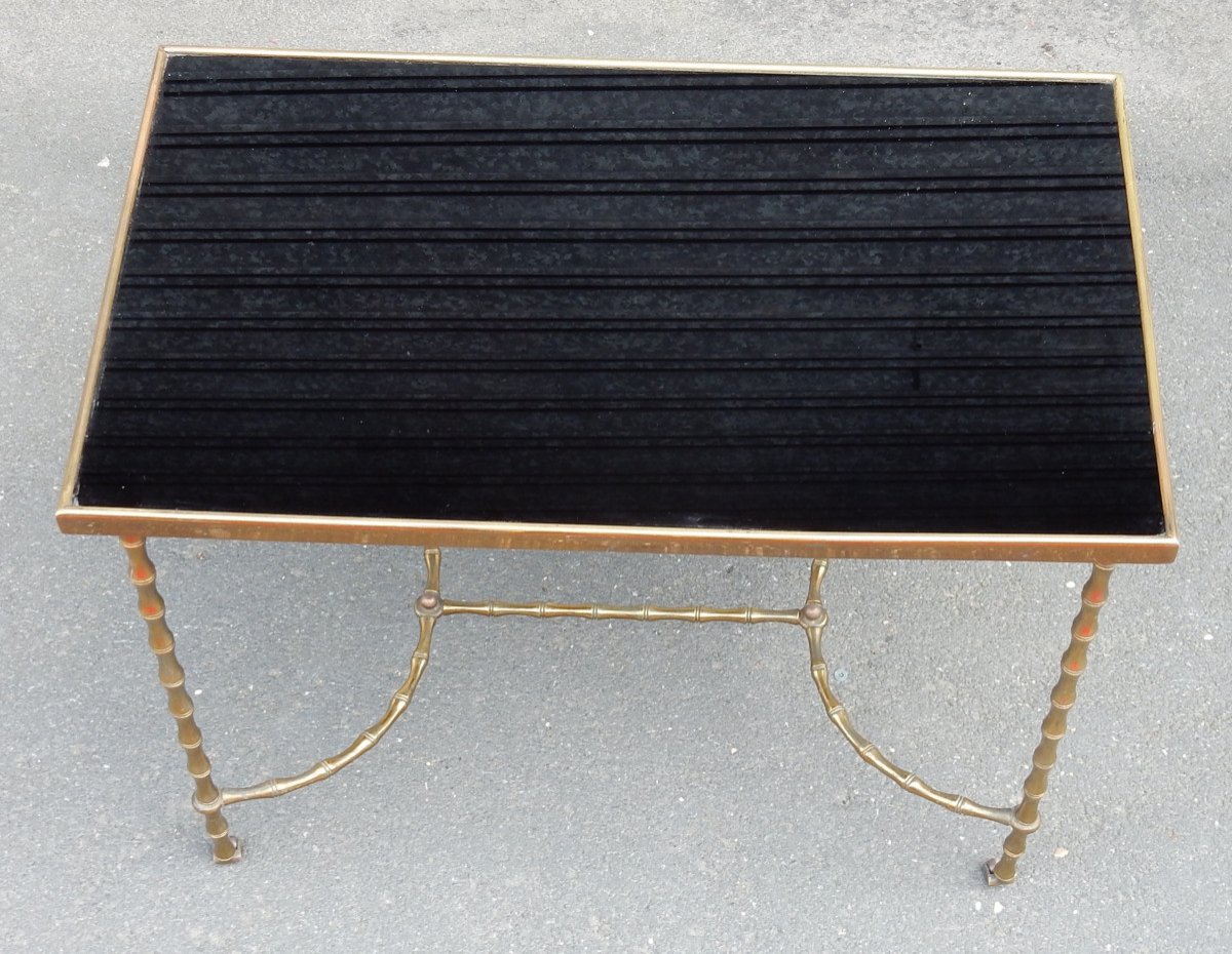 1970′ Table Basse à Roulettes Maison Baguès Décor Bambou En Laiton Et Opaline-photo-4