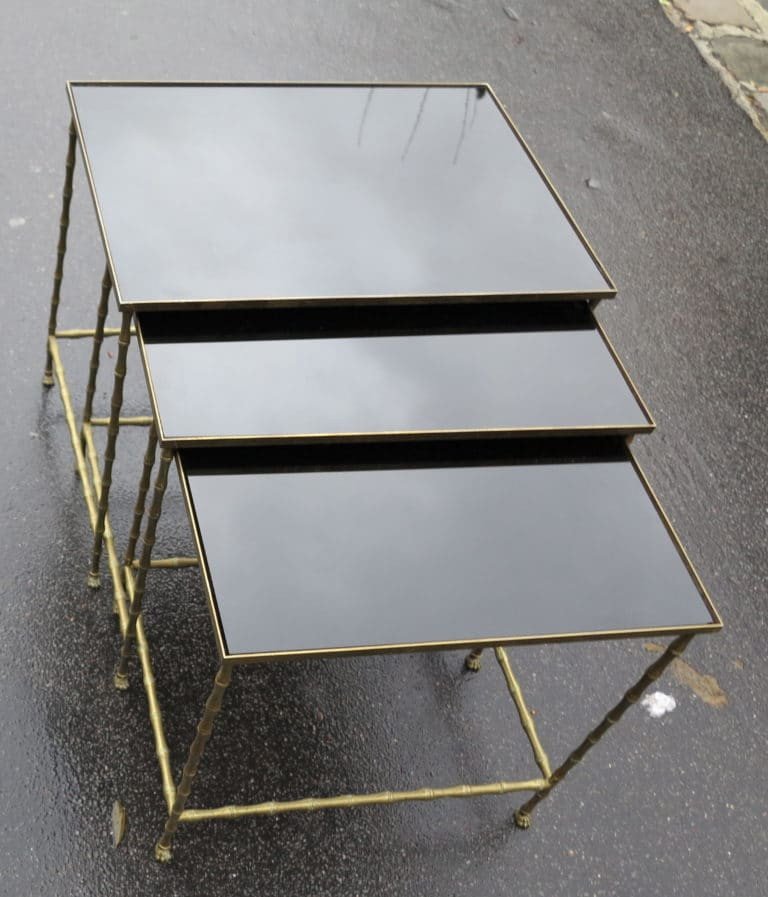 1950/70 Series Of 3 Nesting Tables Bamboo Model With Maison Baguès Feet-photo-3