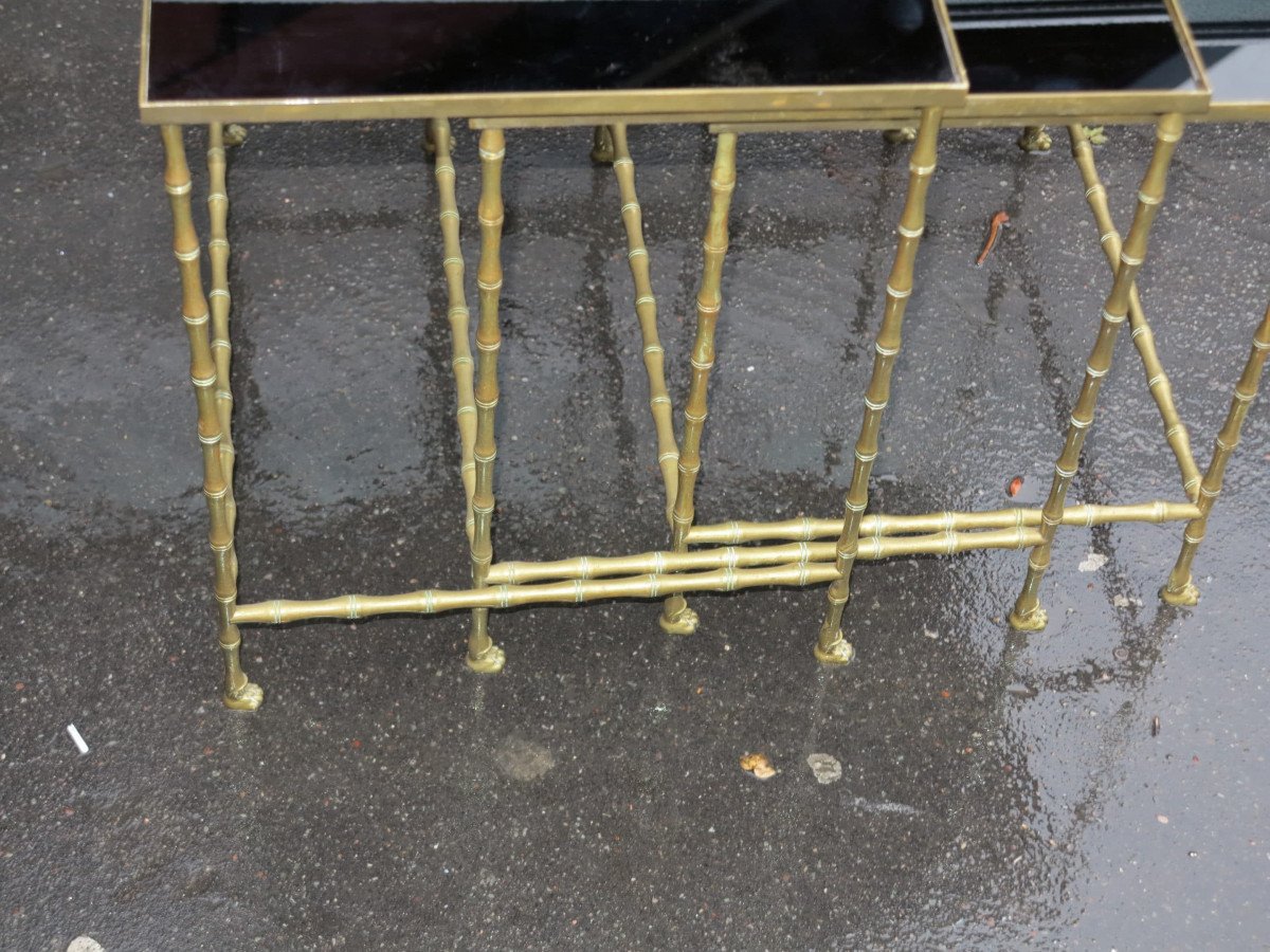 1950/70 Series Of 3 Nesting Tables Bamboo Model With Maison Baguès Feet-photo-4