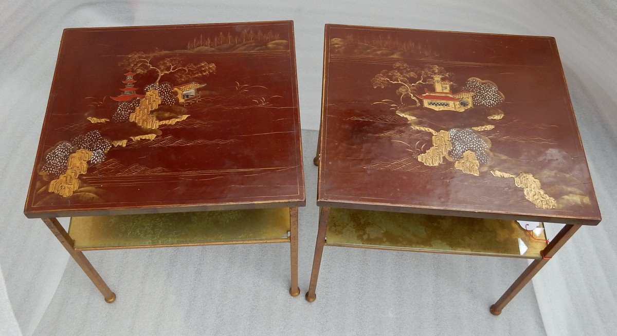 1950/70 ′ Pair Ends Of Sofas Dlg Maison Ramsay In Golden Iron Trays Red Chinese Lacquer