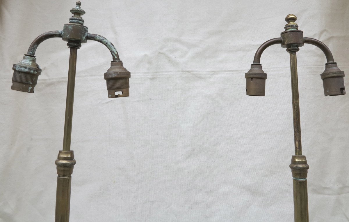 1890′ Paire De Lampes Bronze Et Boules En Fer Peint En Faux Marbre Griotte-photo-3