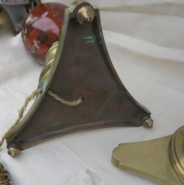 1890′ Paire De Lampes Bronze Et Boules En Fer Peint En Faux Marbre Griotte-photo-2