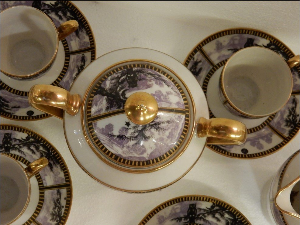 1952 ′ Limoges Coffee Service 13 Pieces Allegory Of The Night, Owl, Black Moon, Etc….-photo-4