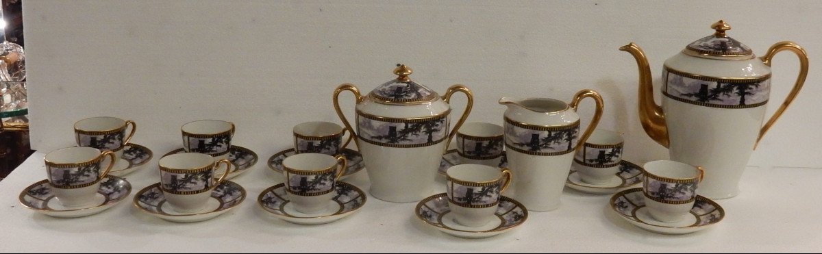 1952′ Service A Café Limoges 13 Pièces Allégorie De La Nuit, Chouette, Lune Noire, Etc….