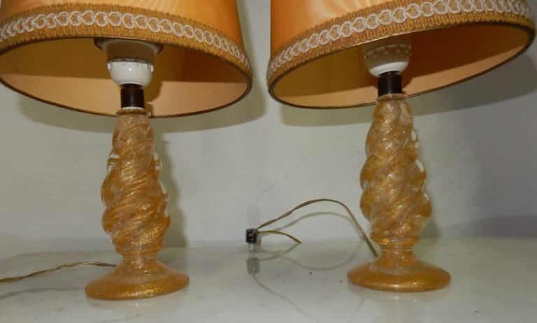 1950/70 Pair Of Barovier & Toso Lamps In Murano Crystal With Gold Paillons Signed-photo-4