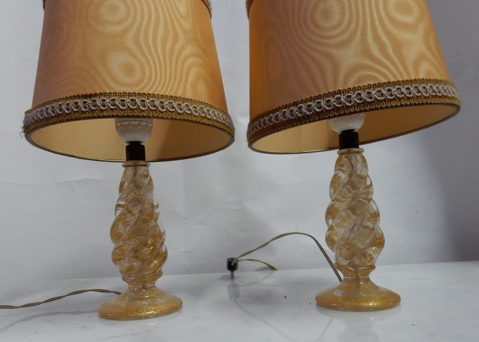 1950/70 Pair Of Barovier & Toso Lamps In Murano Crystal With Gold Paillons Signed