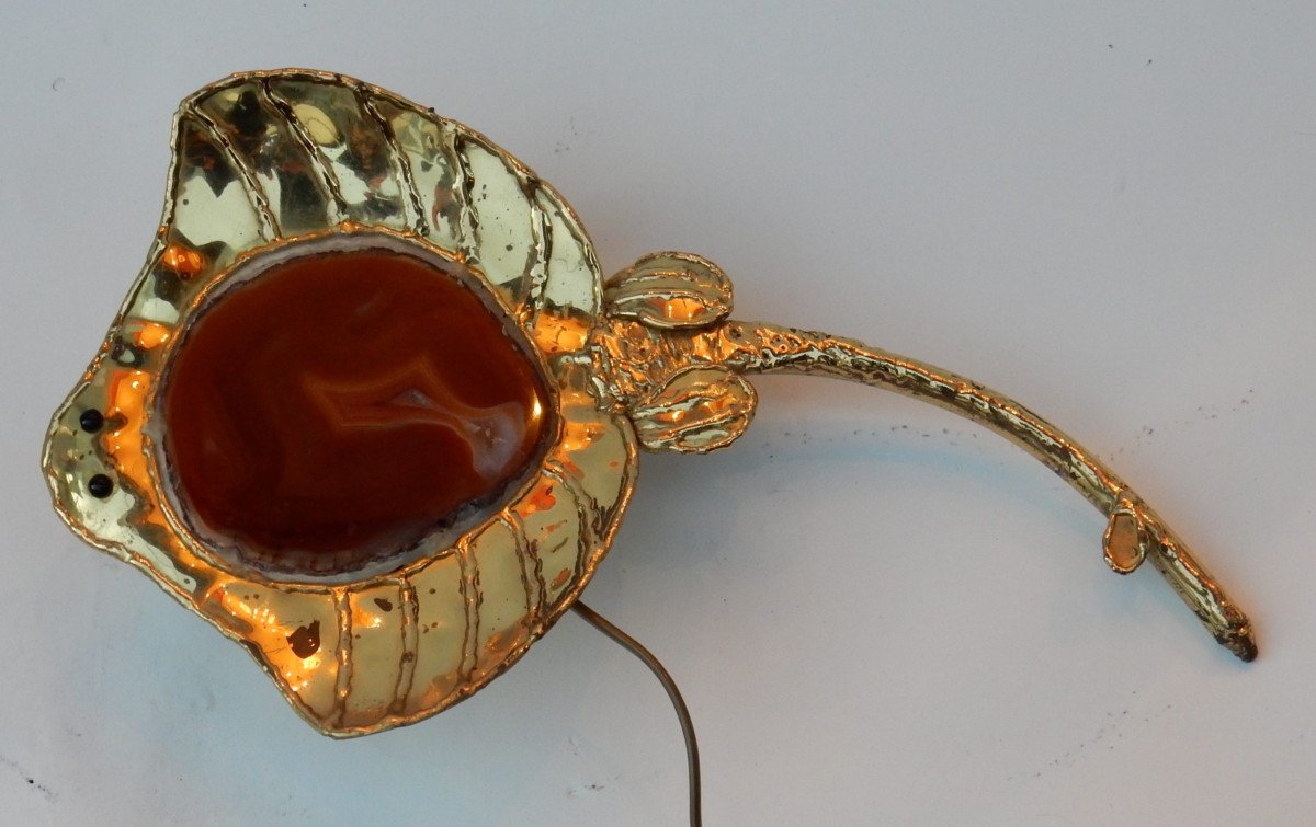 1970′ Applique Éclairante Á La Raie En Bronze Doré Et Agate Style Duval Brasseur Ou I. Faure-photo-2